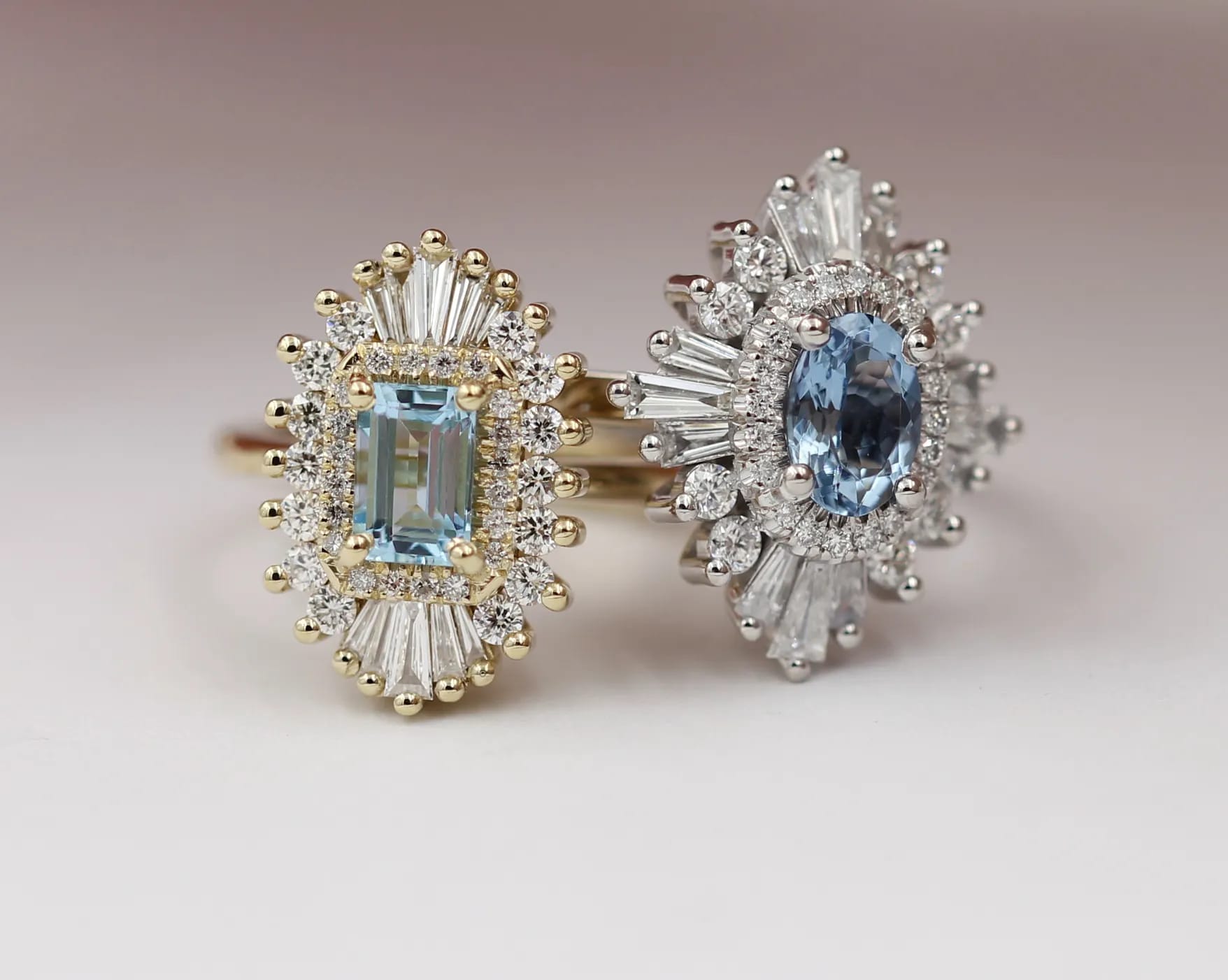 Heidi Gibson engagement rings with Aquamarine center stones